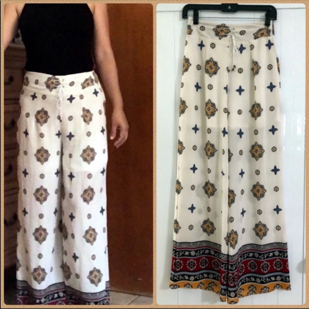 Boho Wide-Leg Palazzo Pants | Cream Print | High Waist | Lightweight & Flowy